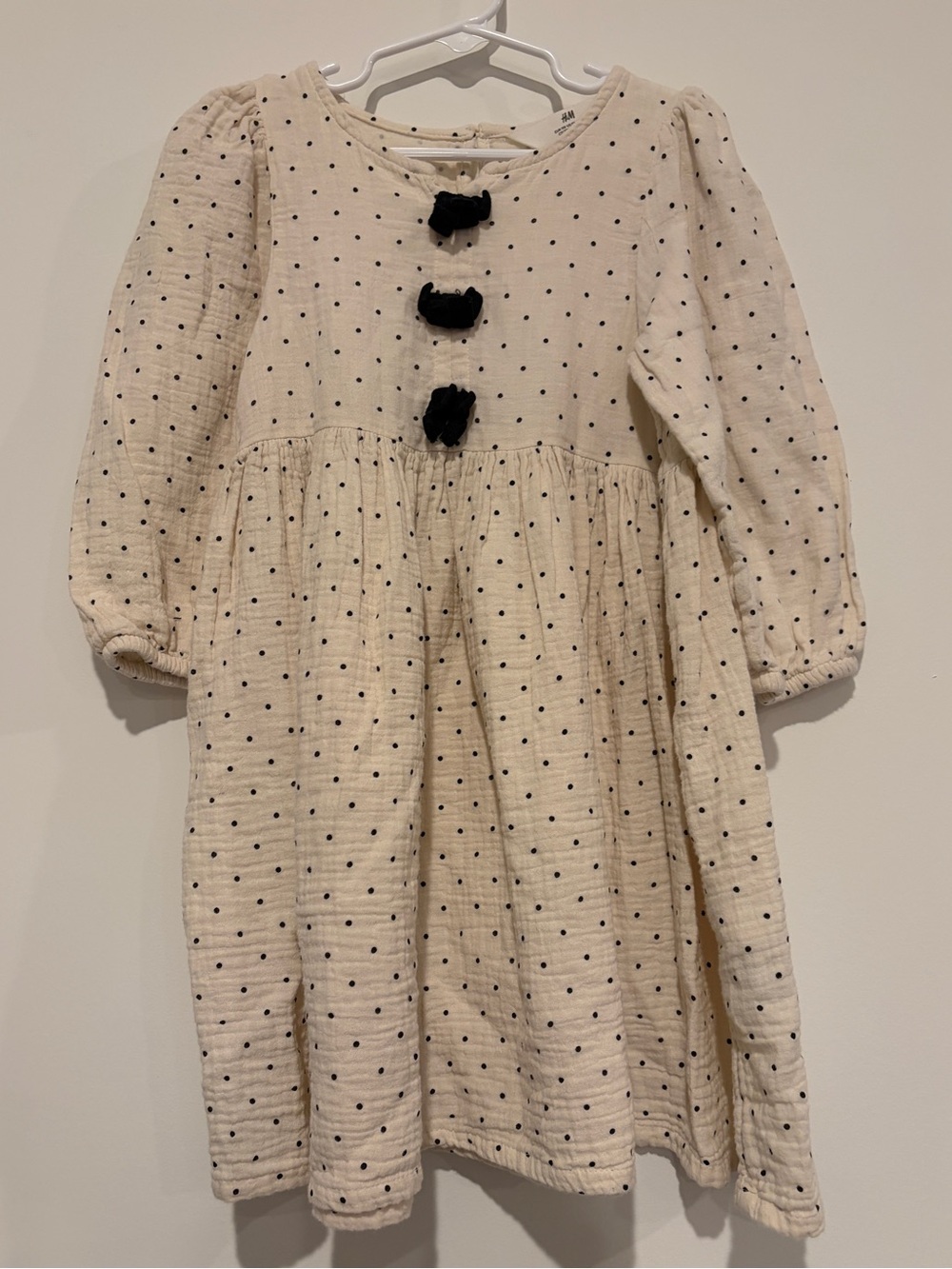 H&M Size US 4-5Y Cream Black Polka Dot 100% Cotton Gauze Bow Accent Dress 110